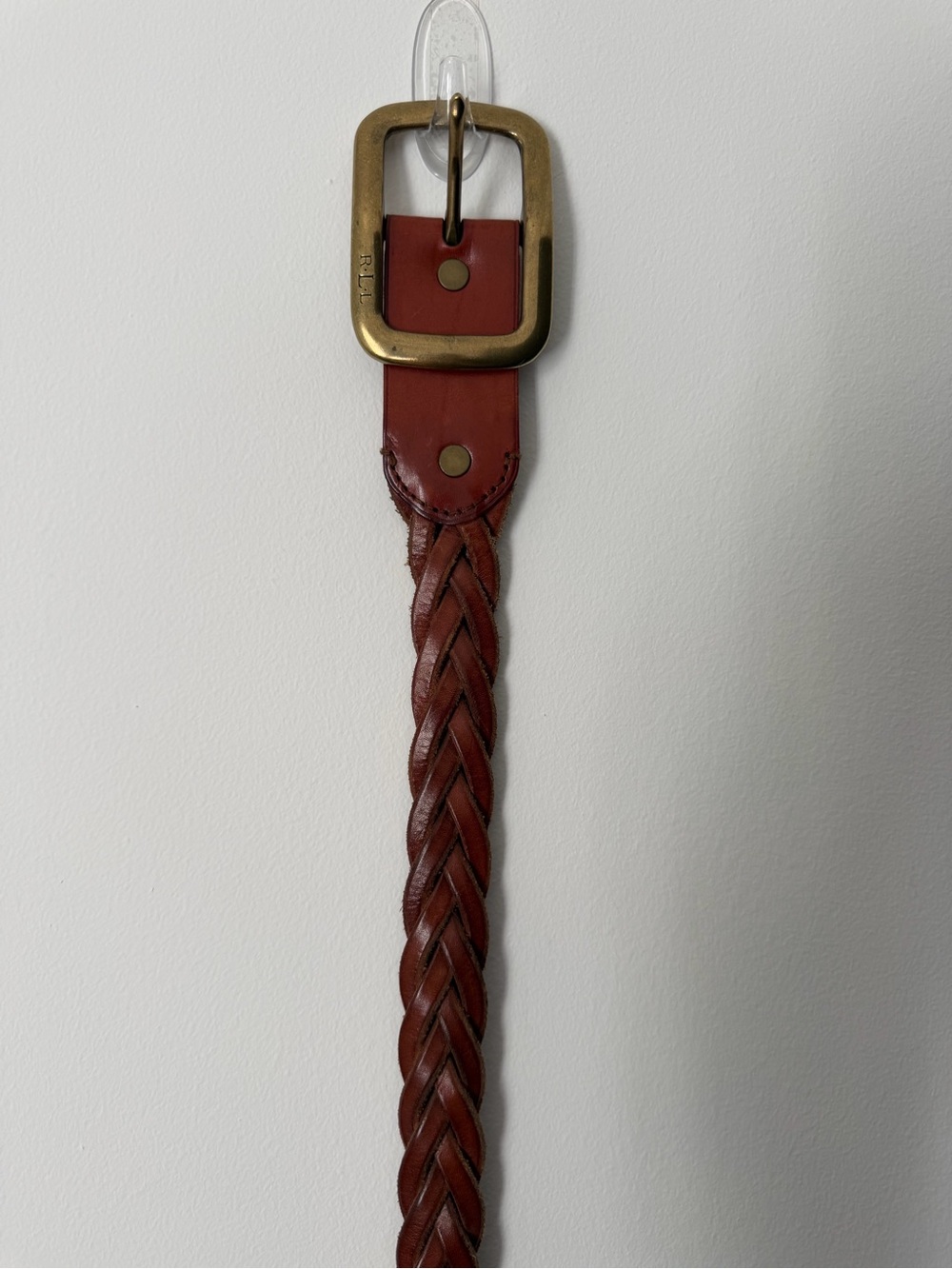 Vintage Cognac Lauren Ralph Lauren Braided Leather Belt w Oversized Brass Buckle